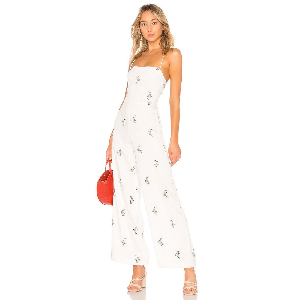 House of Harlow Revolve Natalie Jumpsuit XS White Floral embroidery criss cross